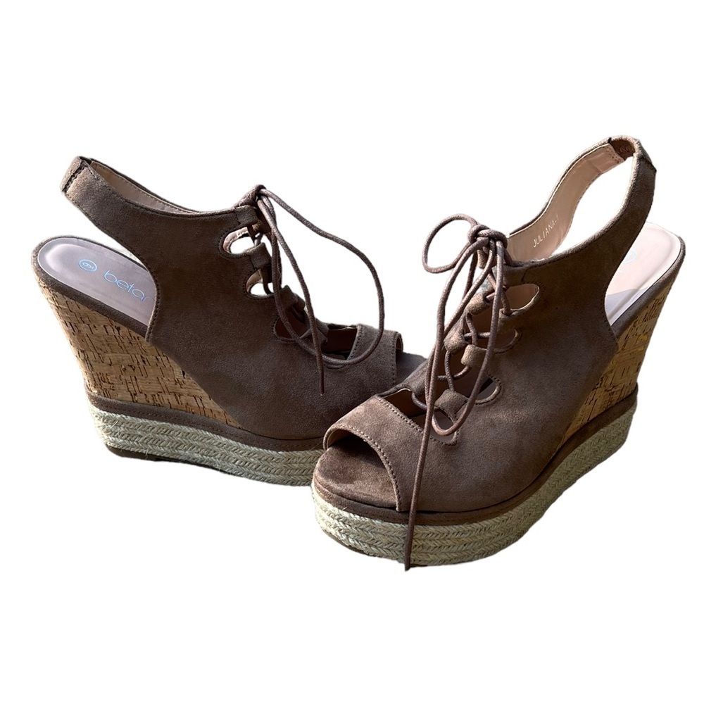 Betani Juliana-1 Women’s 9 Lace-Up Wedge Espadrille Sandals Taupe Open Toe